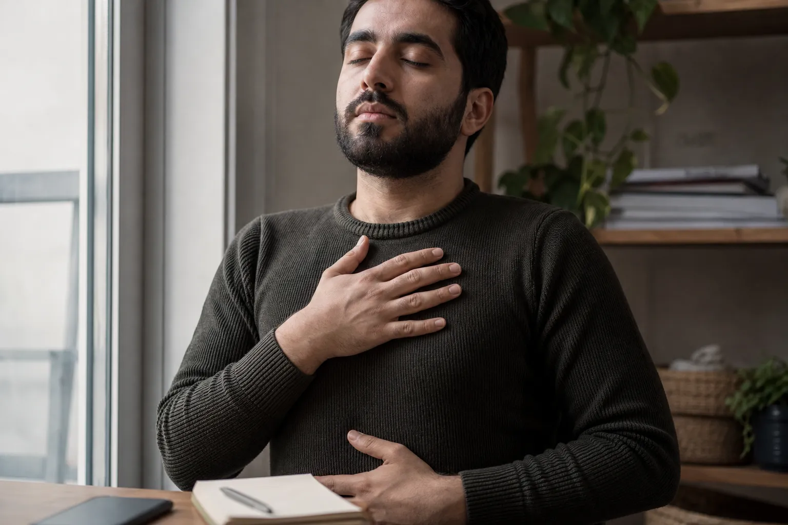 مشهد لإدارة القلق والضغط النفسي عبر التنفس الهادئ في المنزل