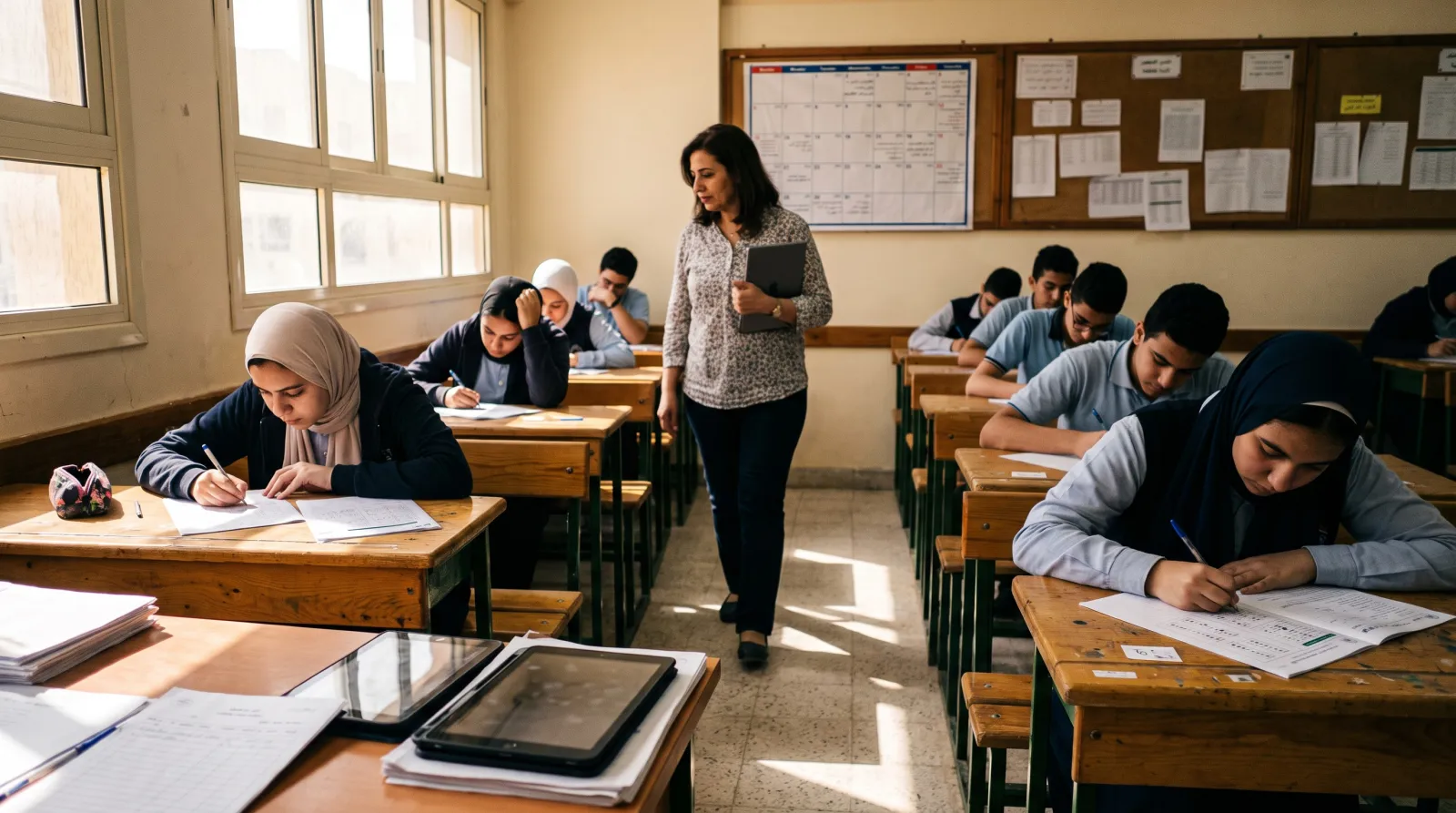 فصل دراسي معاصر في مصر يعكس نظام البكالوريا الجديد بامتحانات موضوعية ومقالية وتقييم مستمر