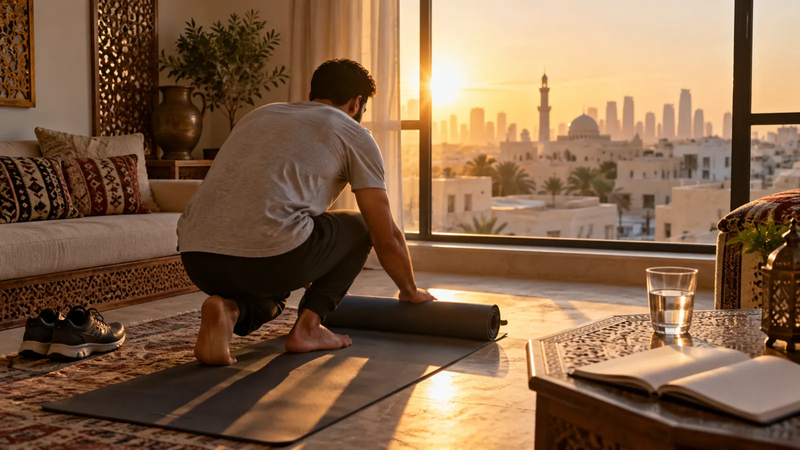 رجل يبدأ يومه بعادات صغيرة مثل الرياضة وشرب الماء والكتابة