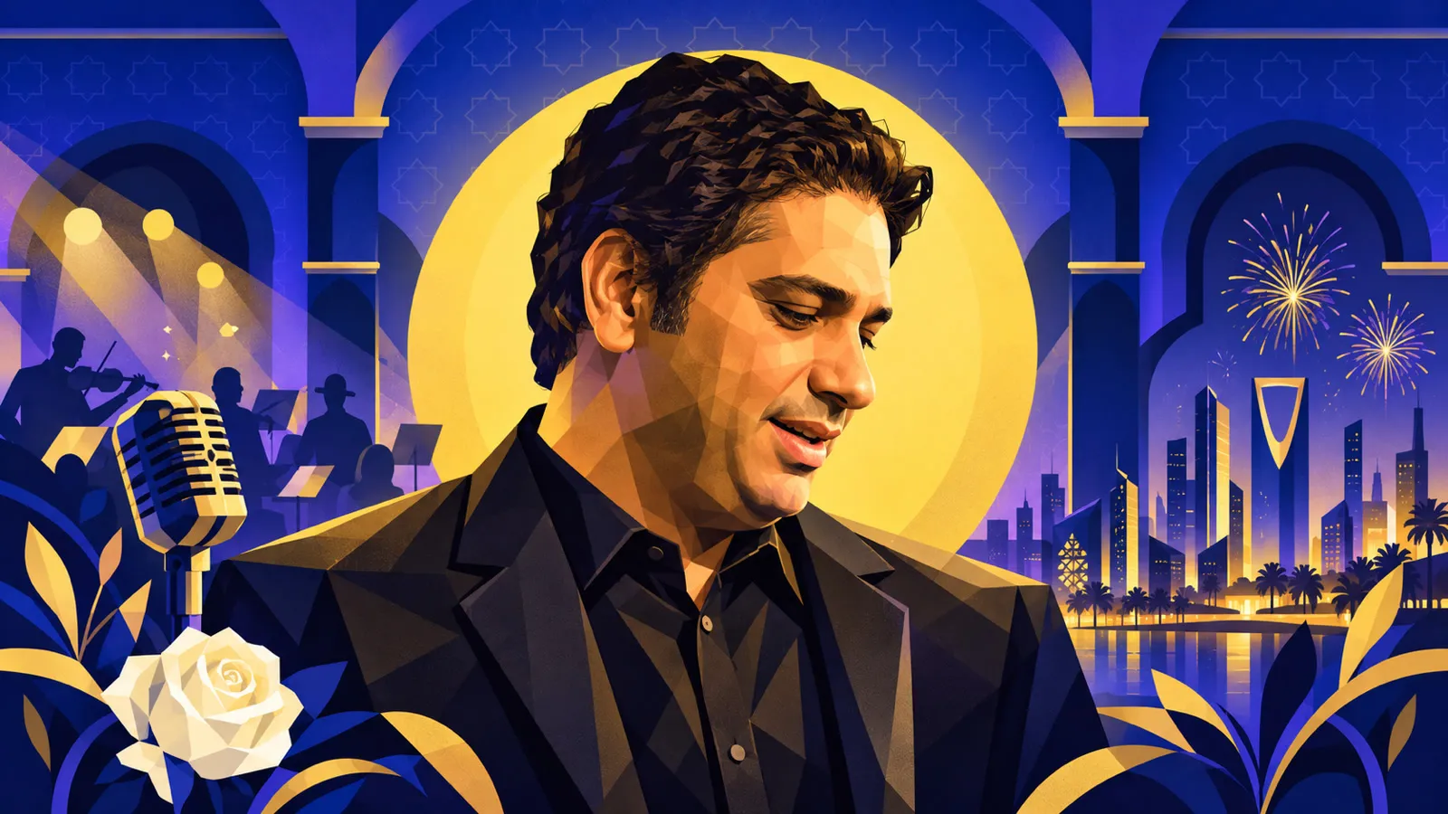 مسرح حفل فضل شاكر في الرياض مع أوركسترا وألعاب نارية وبرج المملكة
