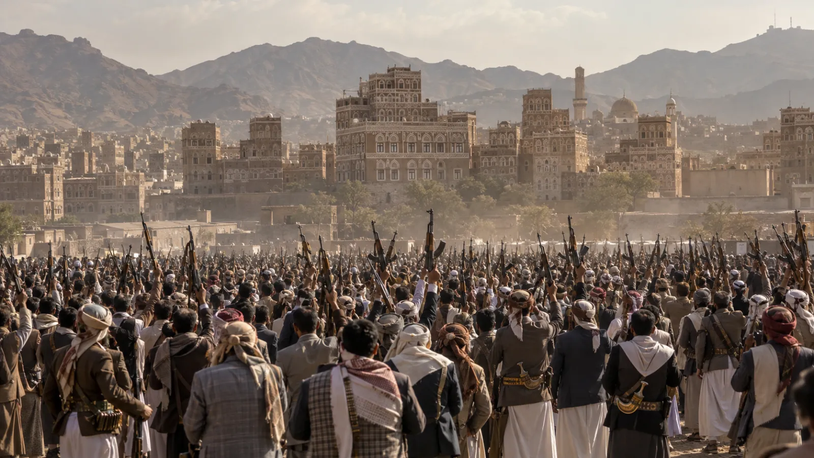 من هو الحوثي: حشد من أنصار جماعة الحوثيين يرفعون البنادق في صنعاء