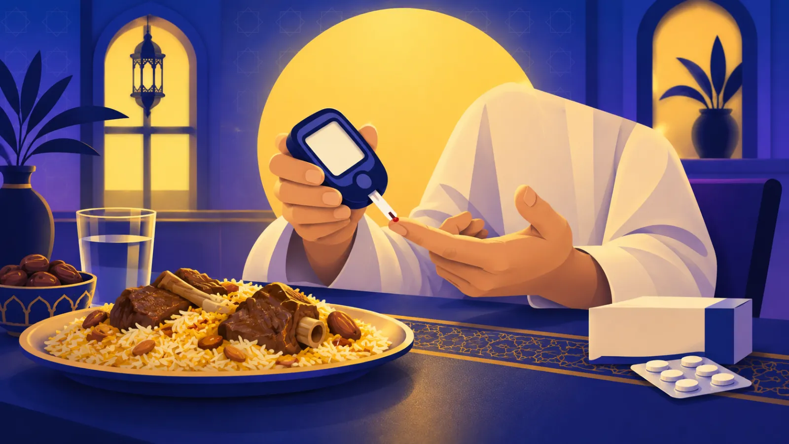 مريض سكري يقيس السكر بجانب وجبة من نظام الطيبات