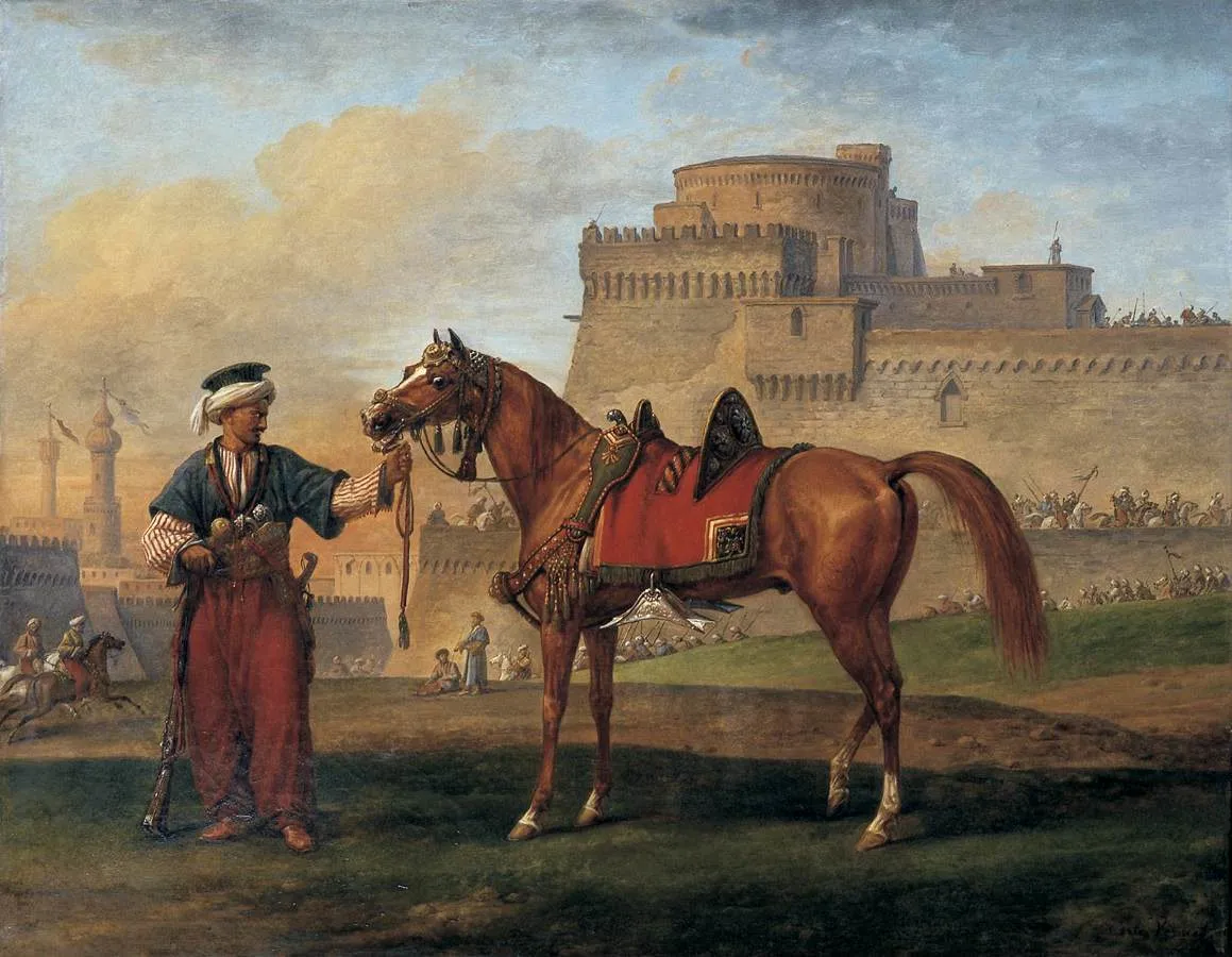 فرسان المماليك بأزيائهم وسيوفهم قرب أسوار القاهرة قبل مذبحة القلعة 1811