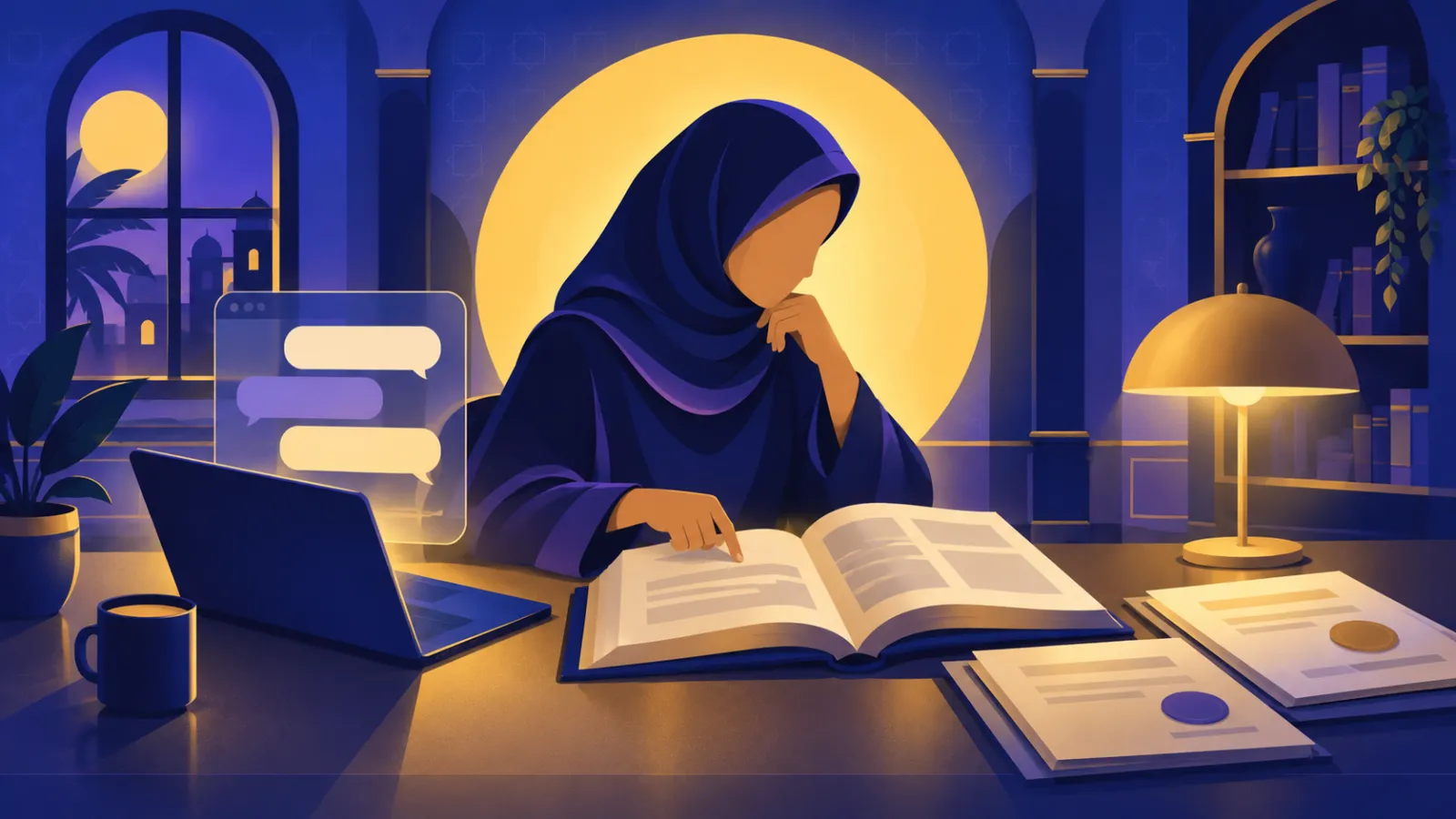 امرأة تراجع معلومات الشات بوت بمقارنتها بمصادر موثوقة مطبوعة