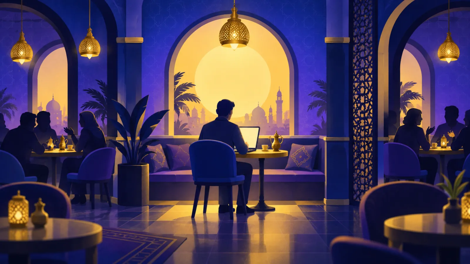 عامل عن بعد يجلس وحده في مقهى بين رواد يتحدثون