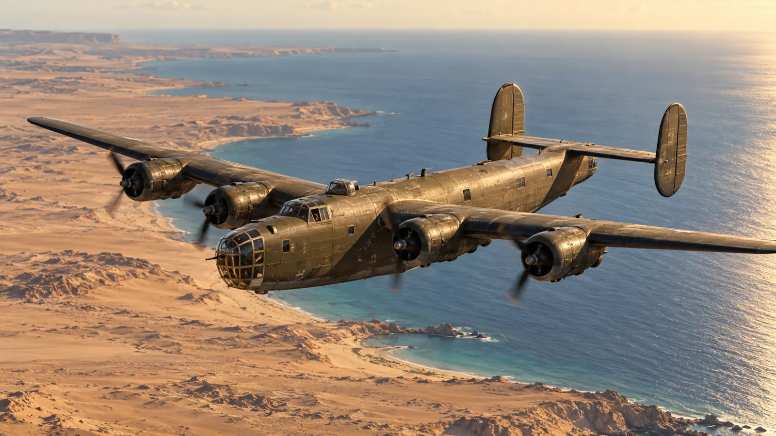 قاذفة B-24D ليبريتور من طراز الطائرة ليدي بي جود تحلق فوق ساحل ليبيا