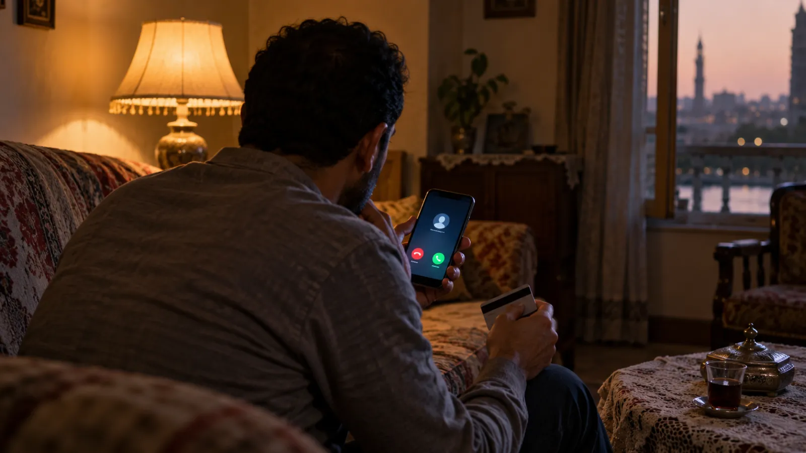 رجل يتلقى مكالمة مشبوهة على هاتفه ويحذر من احتيال إنستاباي