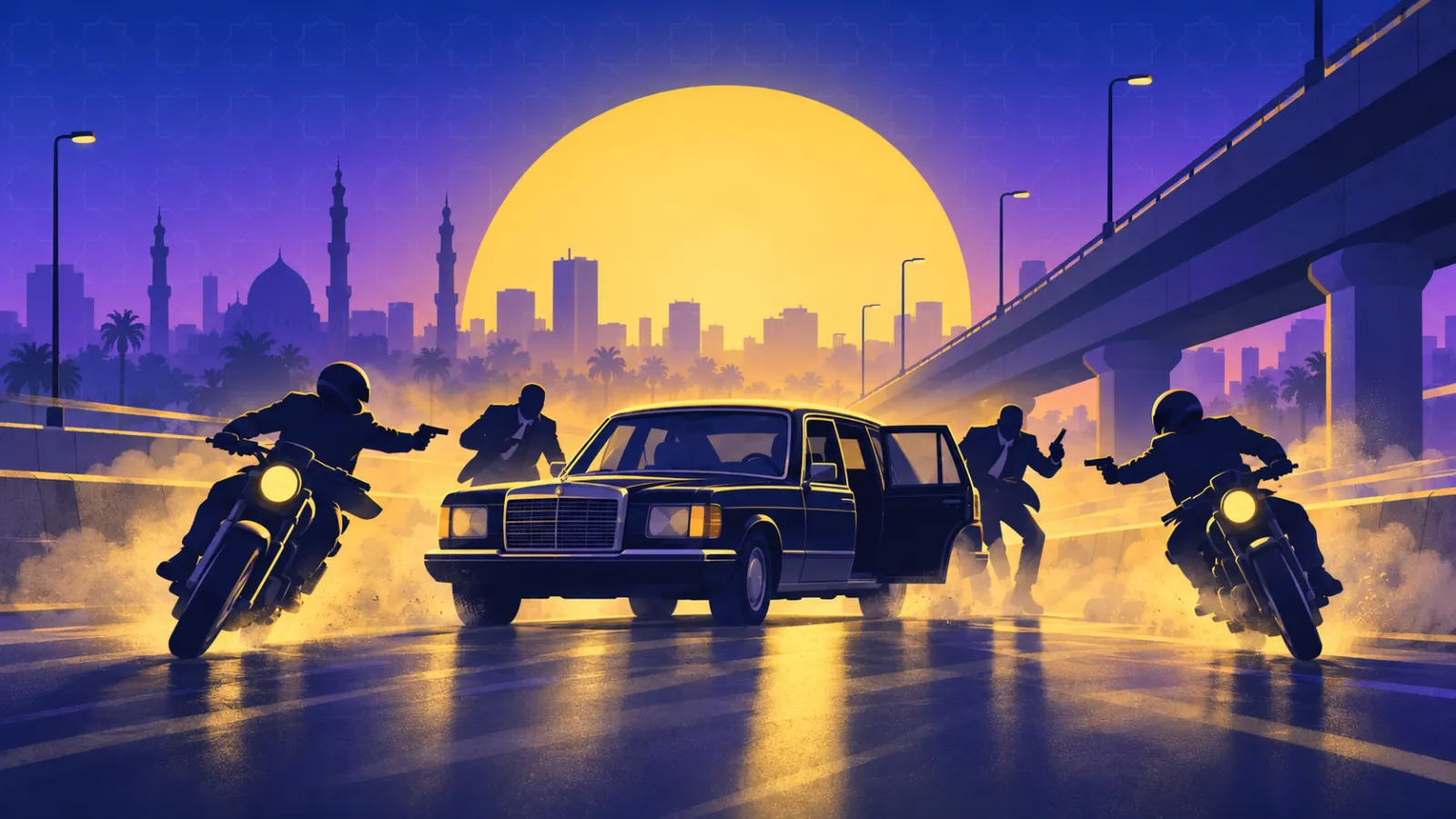 رسم يعيد تصور كمين الموتوسيكلات في رواية محاولة اغتيال زكي بدر