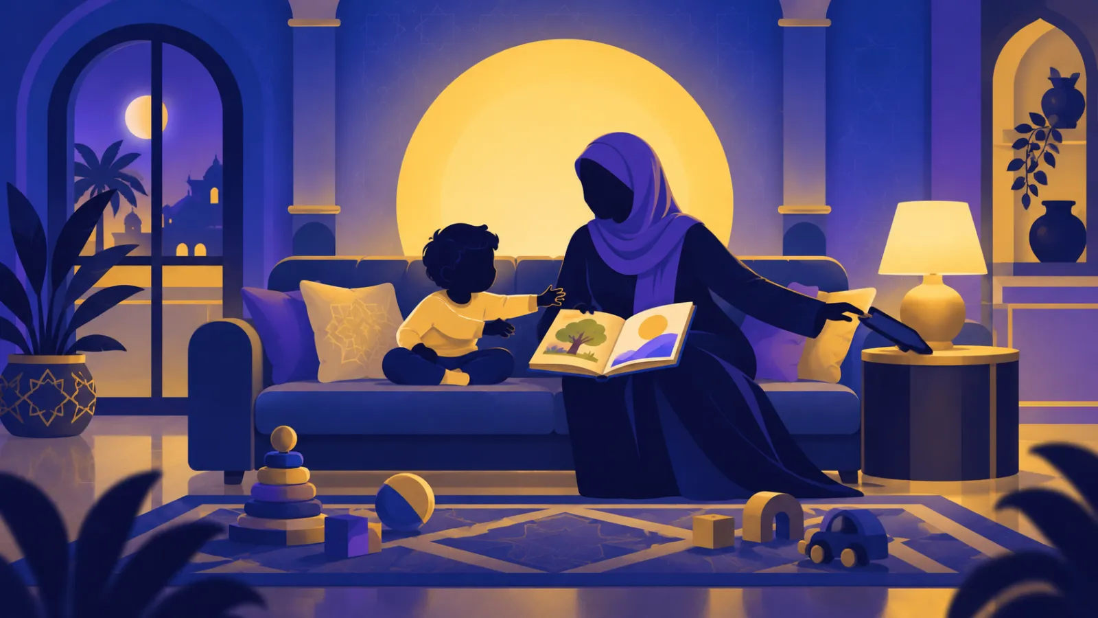 أم تستبدل التابلت بكتاب مصور لطفلها الصغير في المساء