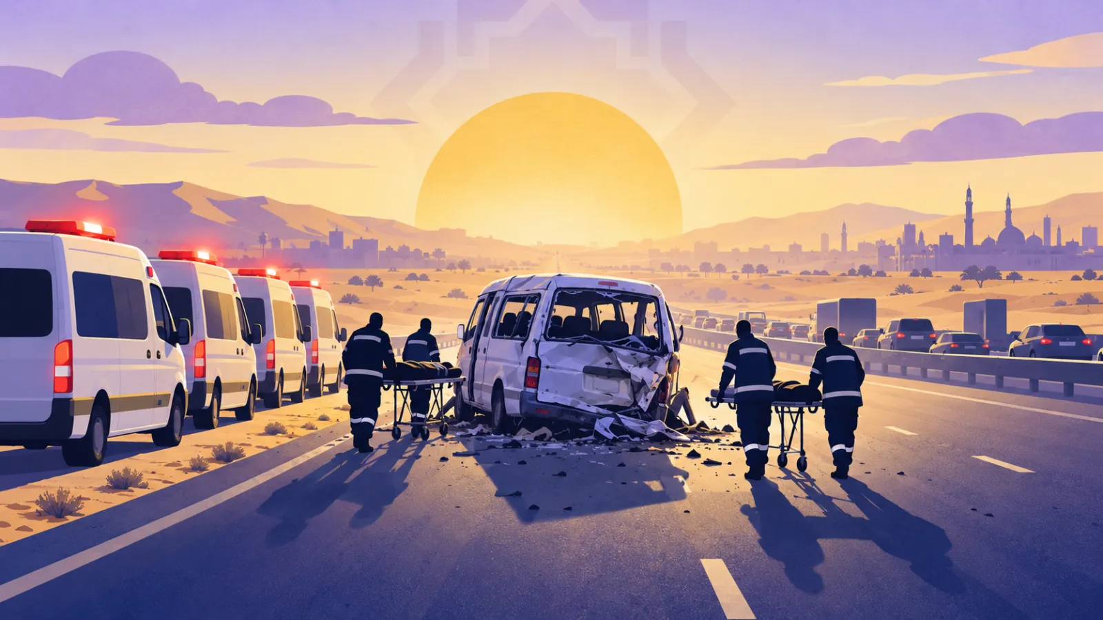 سيارات إسعاف تنقل مصابي حادث الطريق الدائري الأوسطي إلى مستشفيات أكتوبر