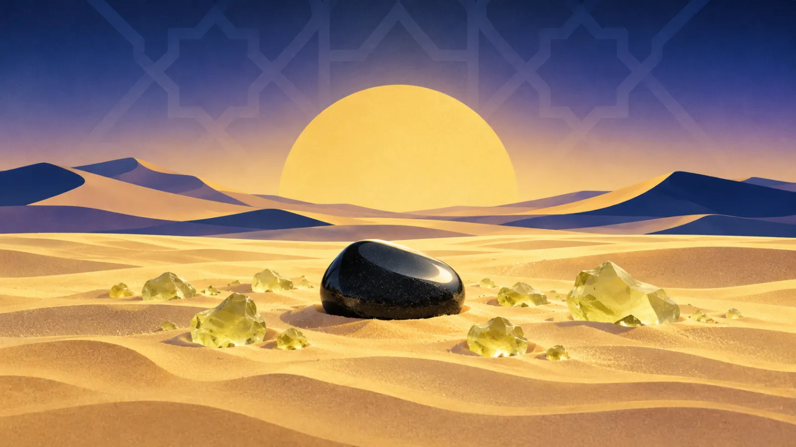 حجر هيباتيا الأسود اللامع على رمال الصحراء الغربية بجوار زجاج الصحراء الليبية