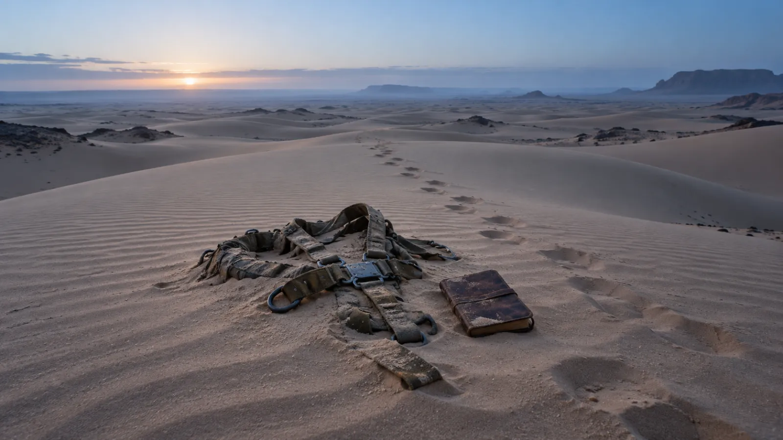 آثار أقدام ومفكرة قديمة في رمال الصحراء الليبية حيث سار ناجو ليدي بي جود
