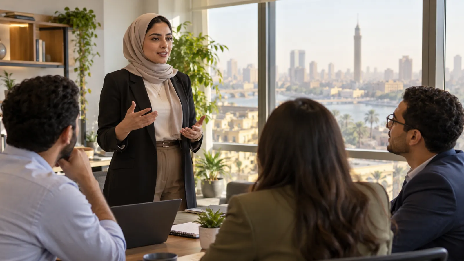 امرأة واثقة تتحدث بهدوء وحزم أمام زملائها، تجسيداً لفكرة كيف تكون شخصية قوية