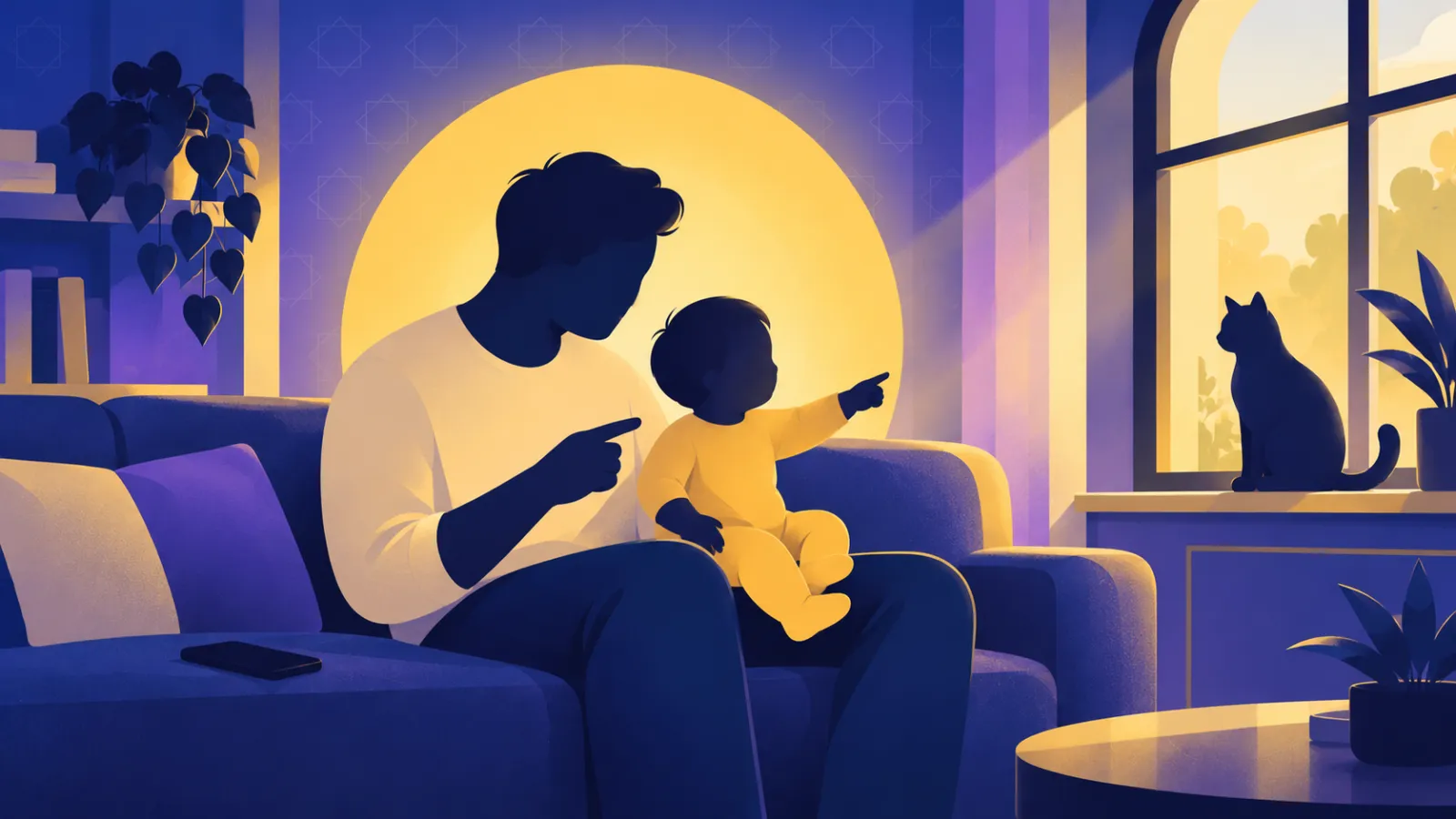 أب يتفاعل مع رضيعه الذي يشير إلى قطة في البيت