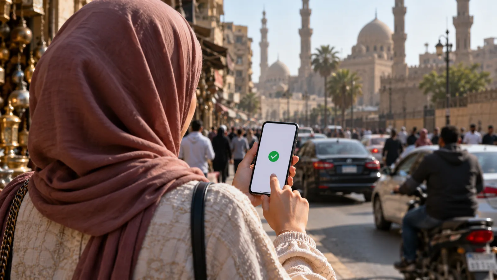 امرأة مصرية تحول أموالاً لحظياً عبر هاتفها في شارع بالقاهرة