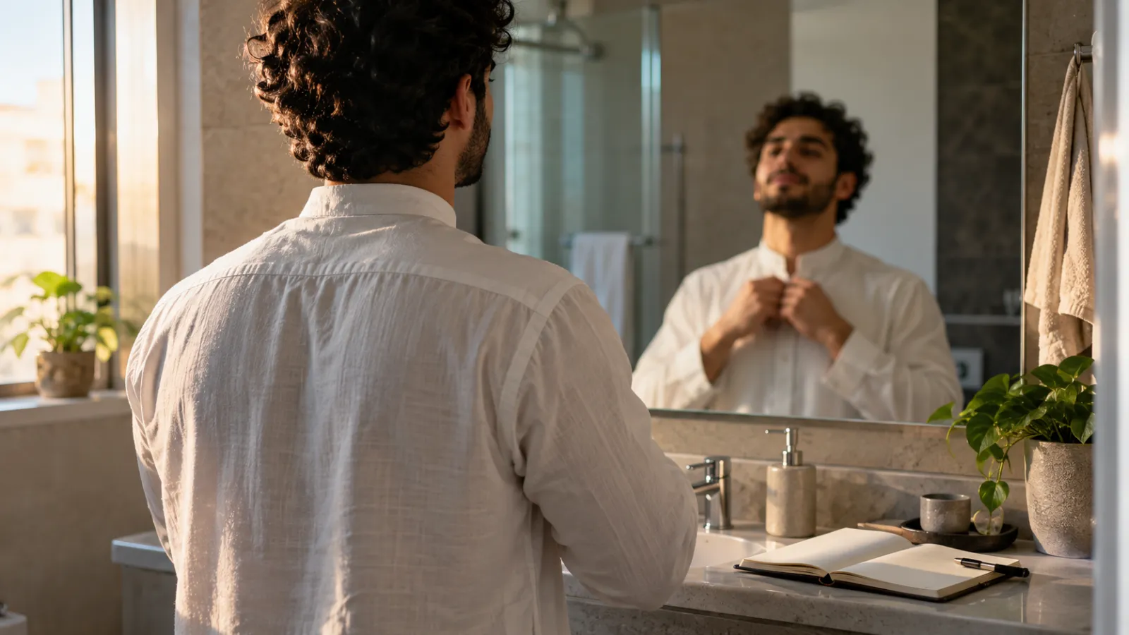شاب يتدرّب أمام المرآة صباحاً على الوقفة الواثقة ضمن تمارين بناء الثقة