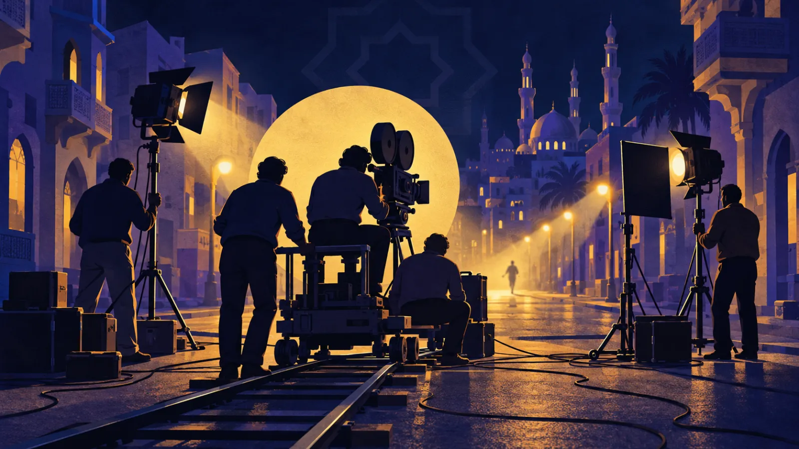 طاقم تصوير سينمائي في شارع قاهري ليلاً يصوّر مشهد جري