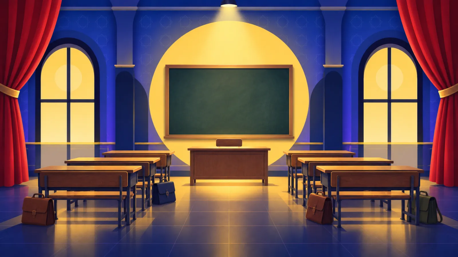 ديكور فصل مدرسي على خشبة المسرح يستحضر مسرحية مدرسة المشاغبين لعادل امام