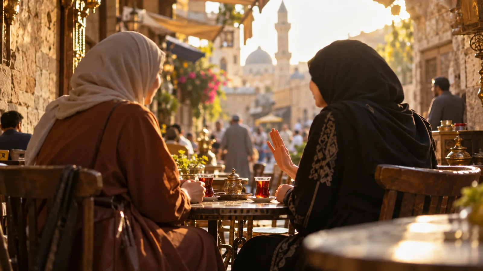 صديقتان في مقهى، إحداهما ترفض طلباً بلطف وابتسامة دون توتر