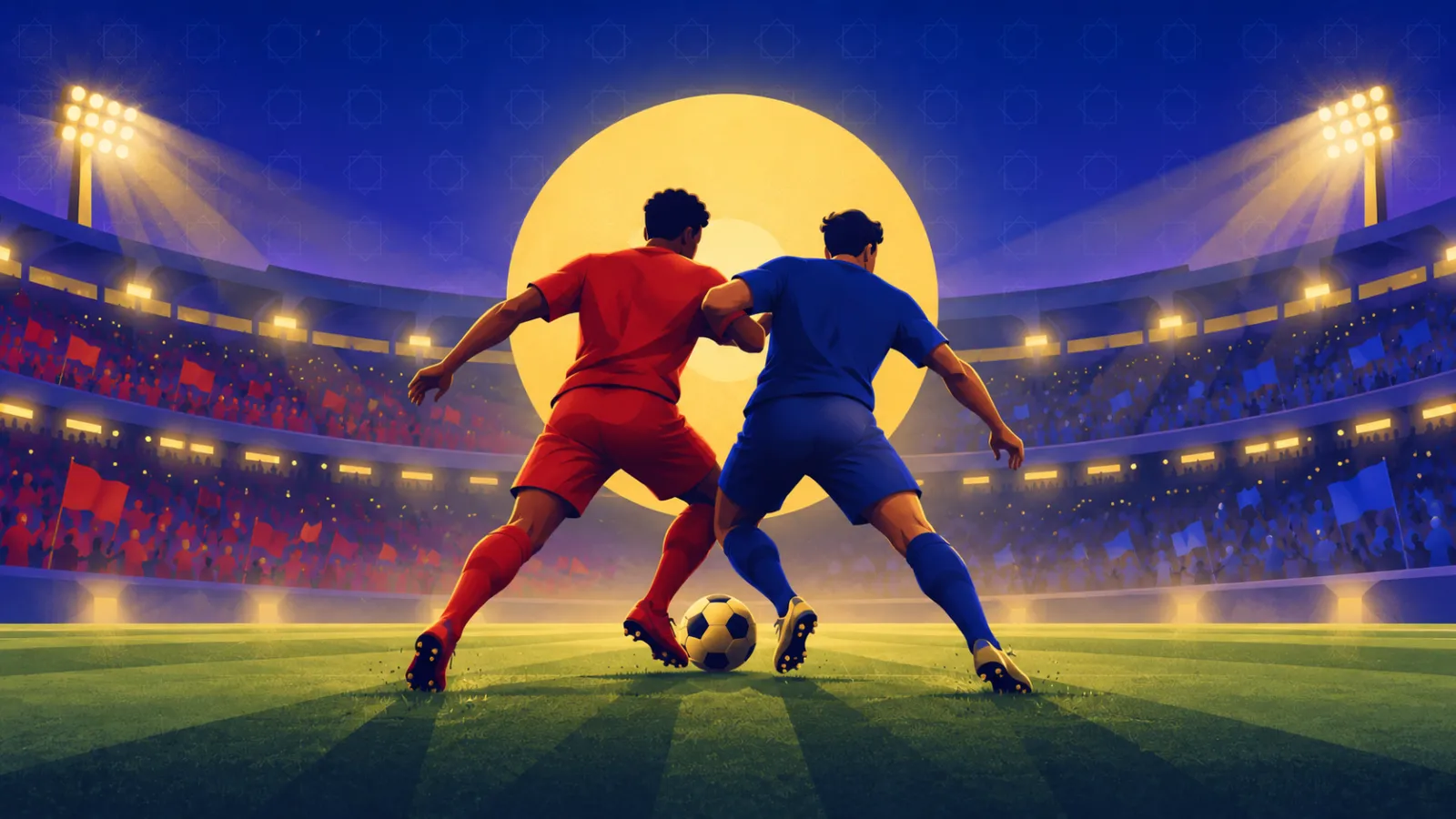 لاعب بالأحمر وآخر بالأزرق في التحام على الكرة، تجسيداً لتاريخ مواجهات الأهلي وبيراميدز