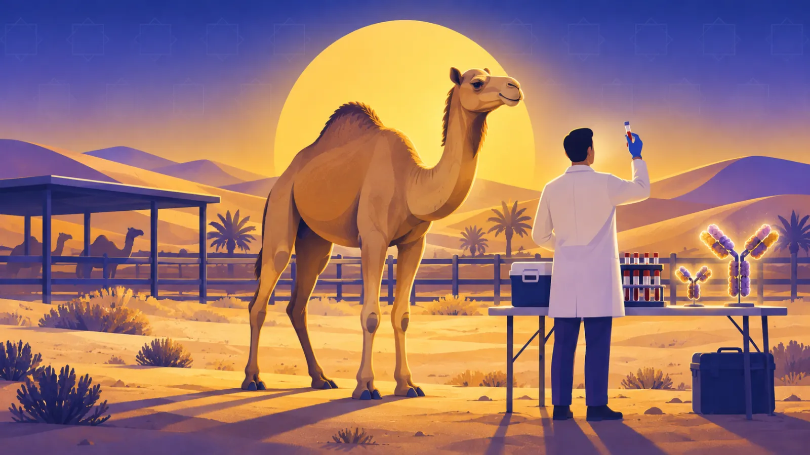 جمل عربي وعينات دم في مزرعة بحثية لدراسة الأجسام النانوية من الجمل