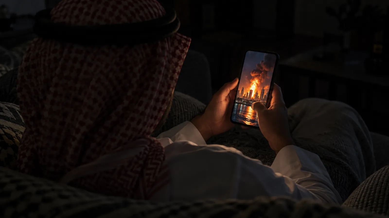 شاب يشاهد على هاتفه فيديو مزيفاً بالذكاء الاصطناعي لدمار مدينة أثناء الحرب