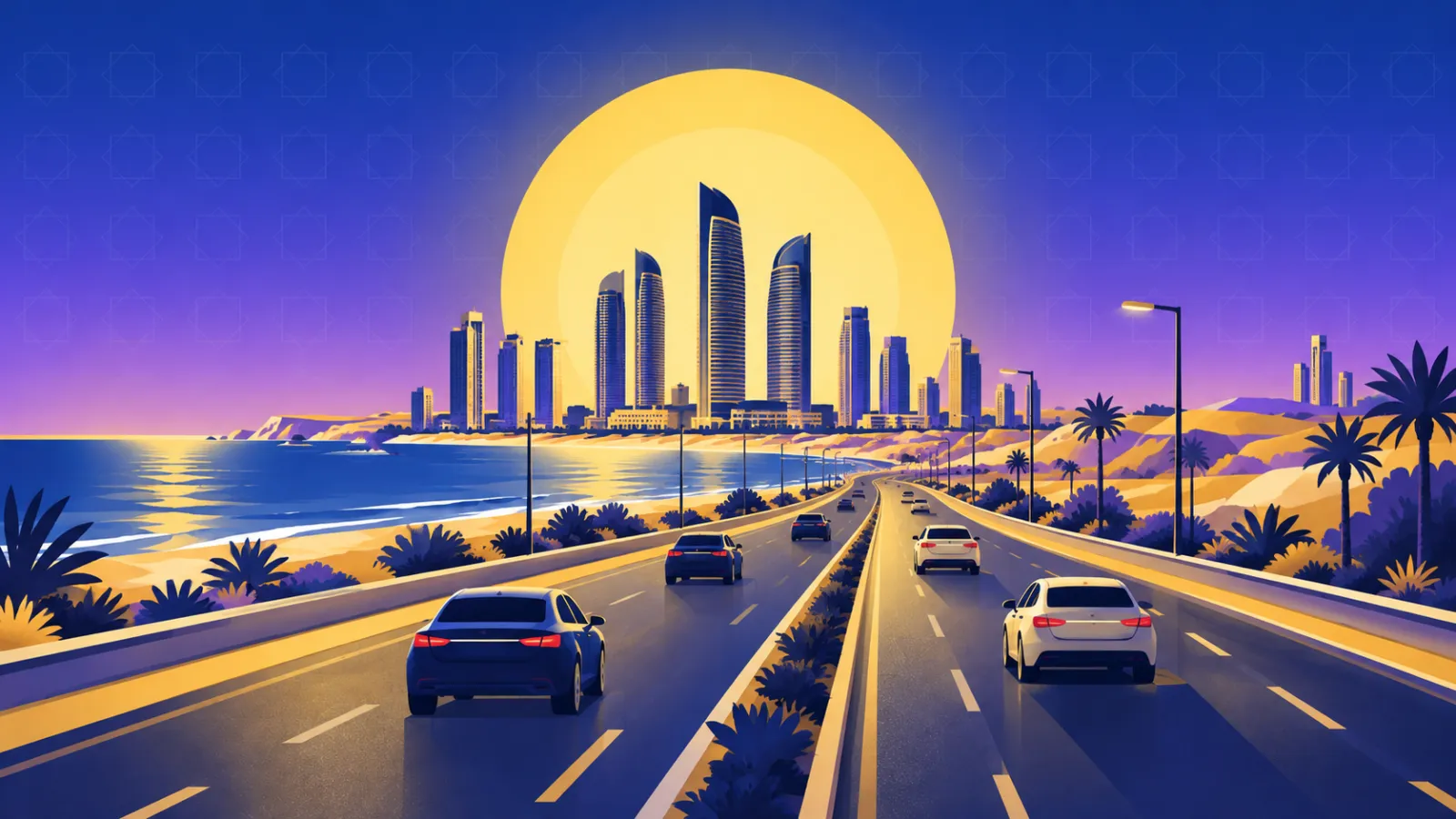 الطريق الساحلي المؤدي إلى الحي اللاتيني العلمين الجديدة مع أبراج المدينة