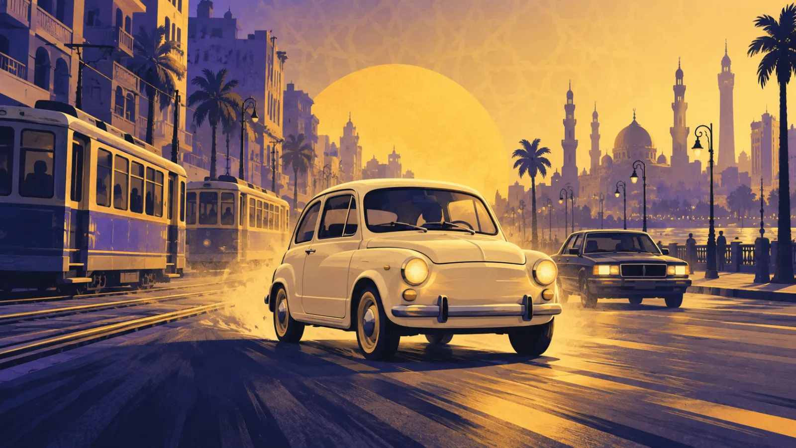 سيارة فيات 600 الصغيرة في شارع قاهري مثل سيارة زكي الحمصاني