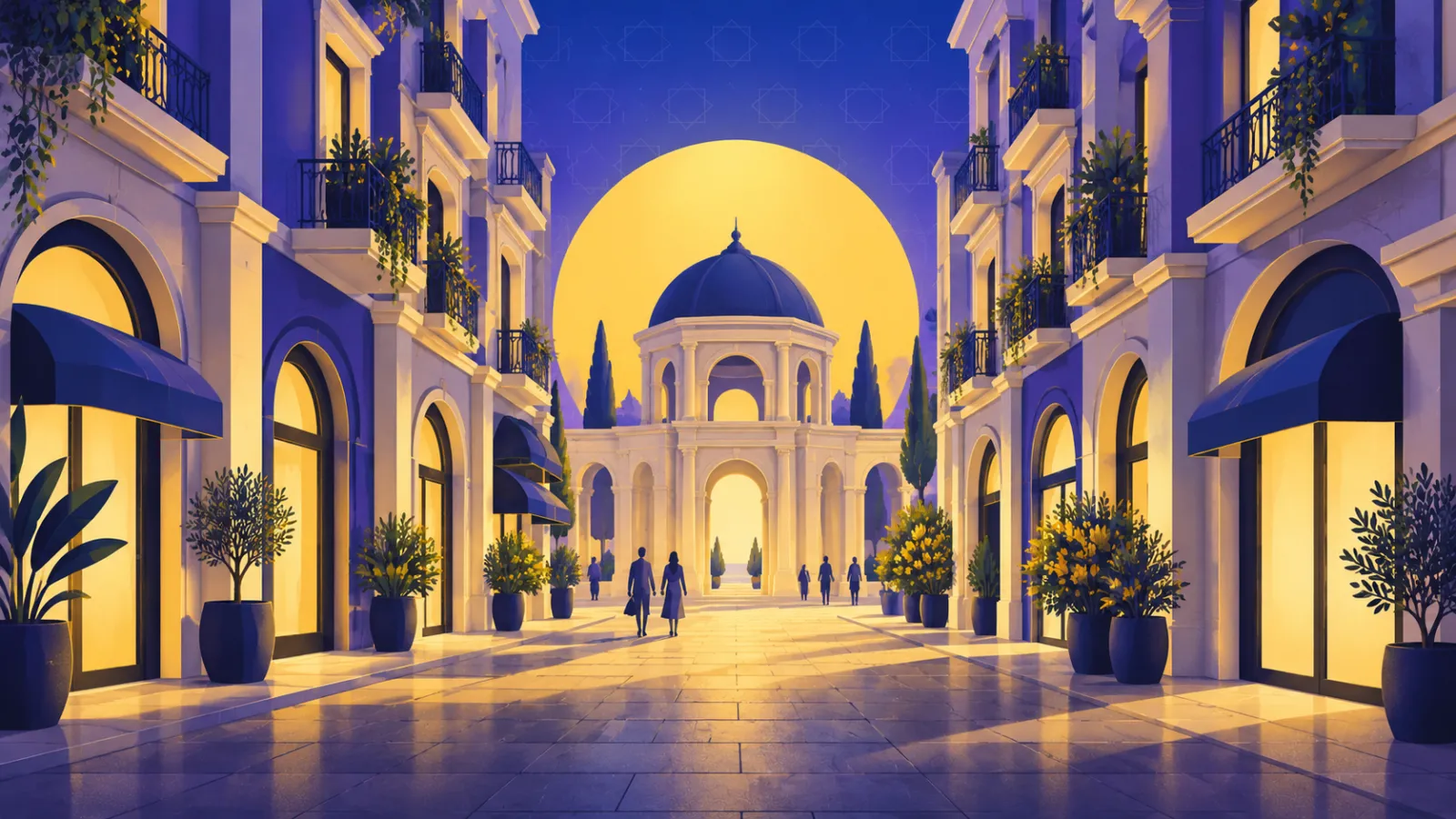 شارع ضيق بين عمارات منخفضة بطراز إغريقي روماني في الحي اللاتيني العلمين الجديدة