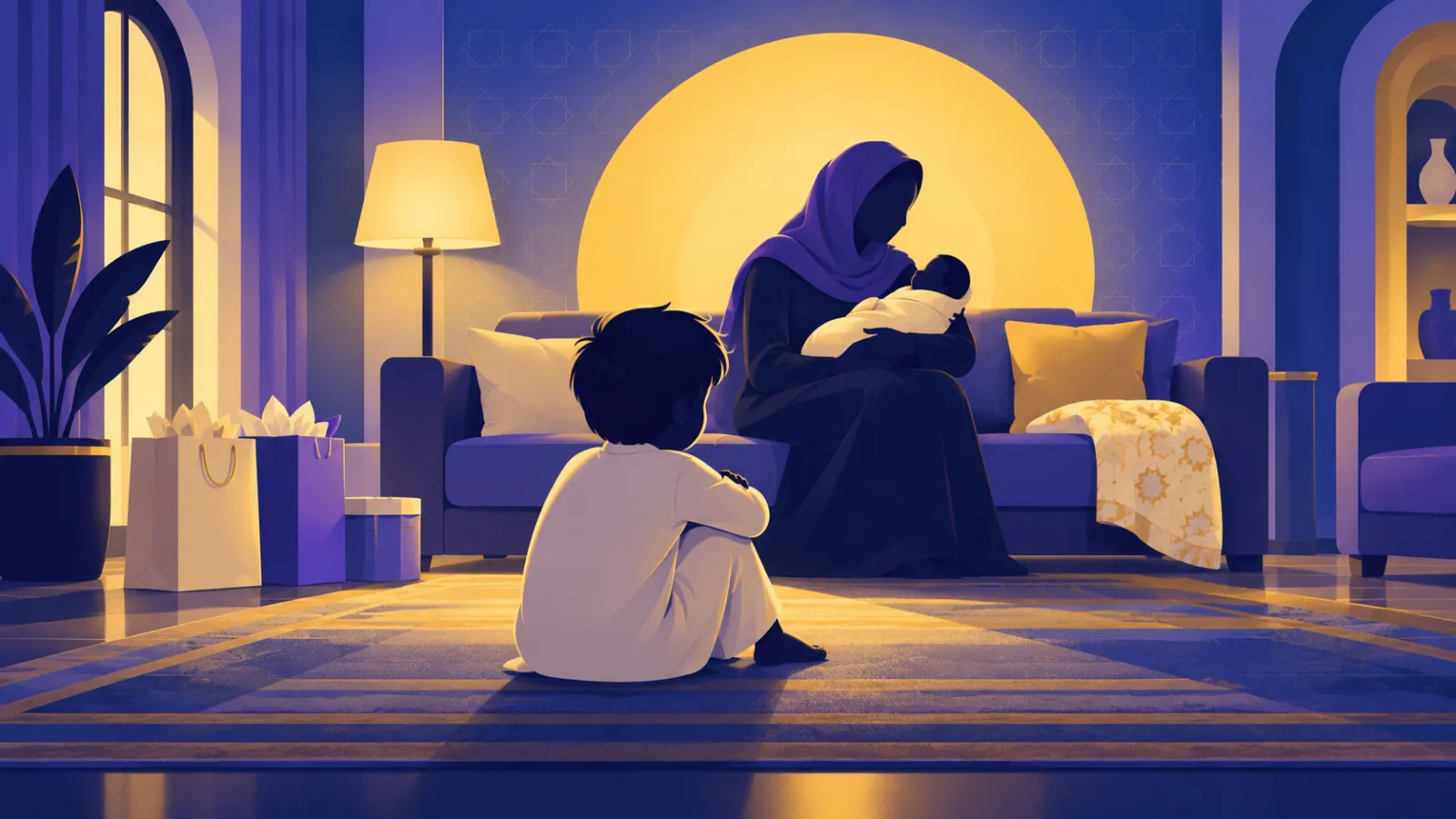 طفل يراقب أمه تحمل المولود الجديد، أحد أسباب الغيرة بين الإخوة