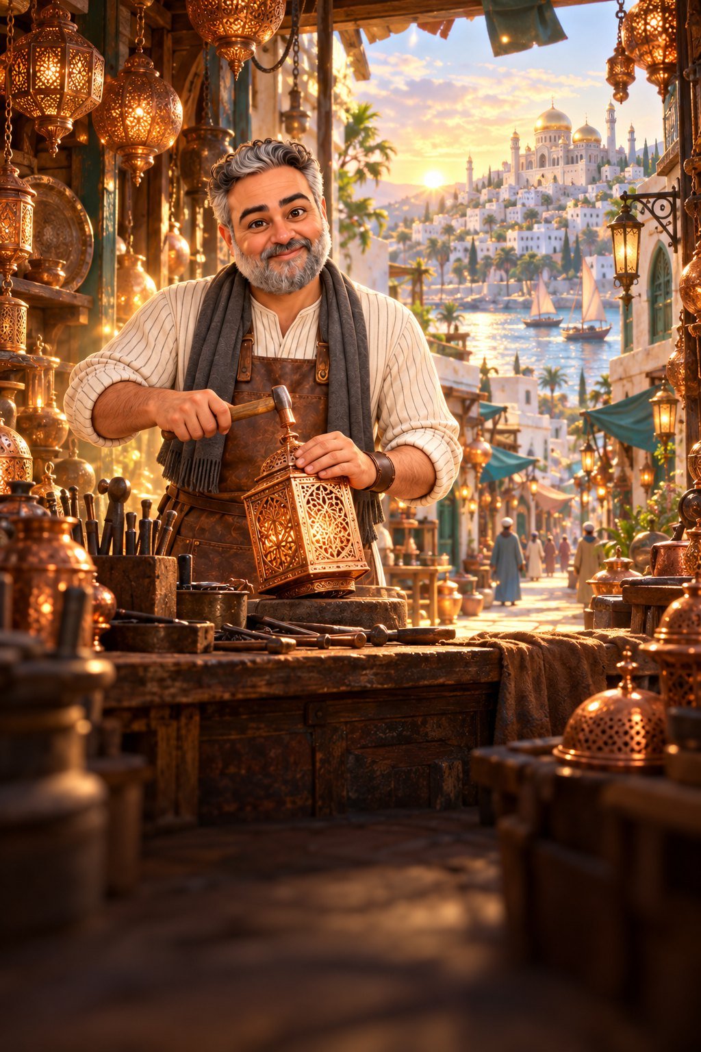 في مدينة نور الصباح، لكل شارع قنديلٌ نحاسيٌّ يضيء. وفي آخر السوق، يطرق الشاطر فارس قناديله: طِك… طِك! لم يكن أميرًا، لكنه لم يعجز يومًا عن حلّ مشكلة.