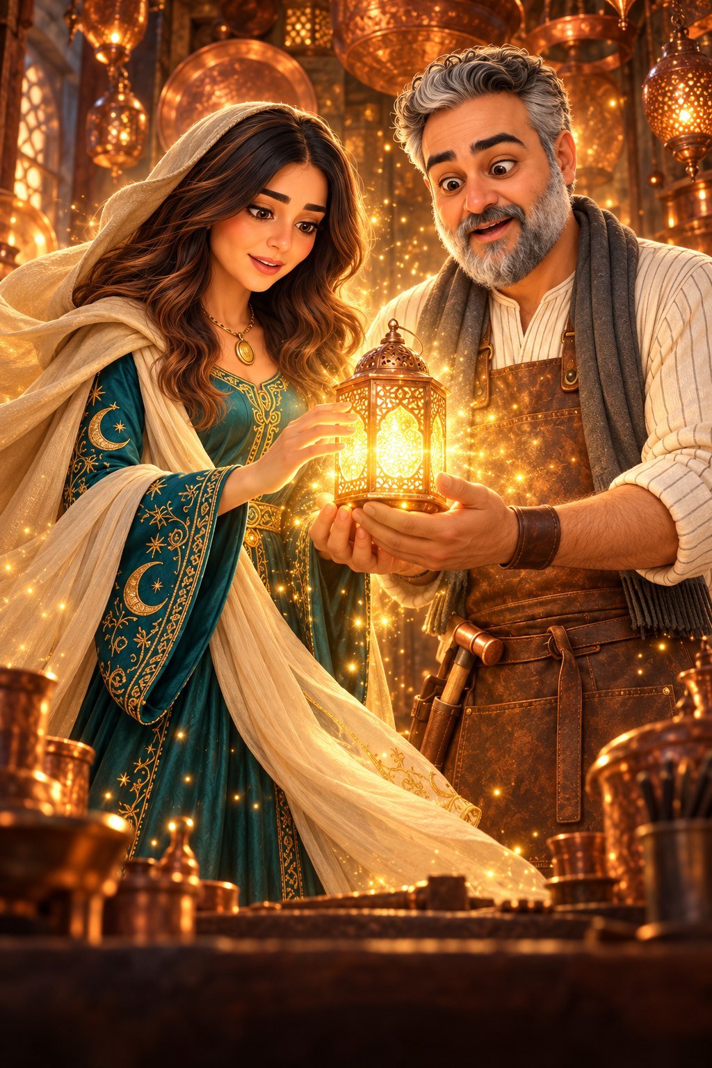 القنديل لا يضيء إلا في يدِ قلبٍ صادق. وما إن لمسته… حتى توهّج بنورٍ ذهبيٍّ عجيب! ولمح فارس ختم السلطان: إنها الأميرة نادرة!