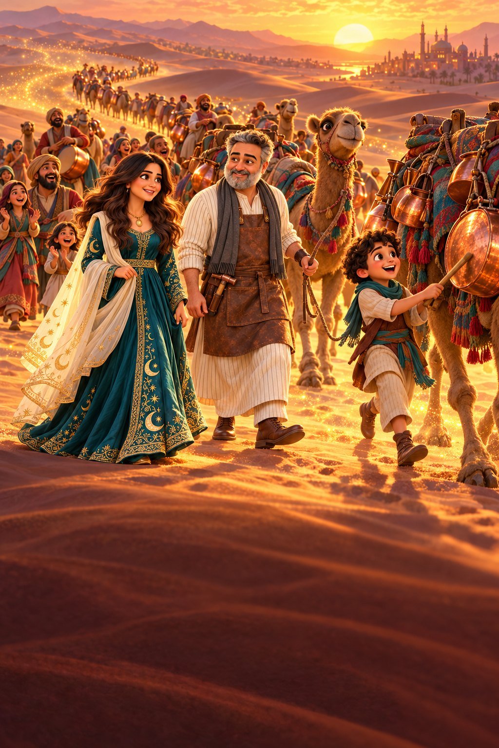 طِك… طِك… طِك، مثل قلبٍ لا يخاف. غطّى النحاس على الهمس، وعاد الغناء للقافلة.