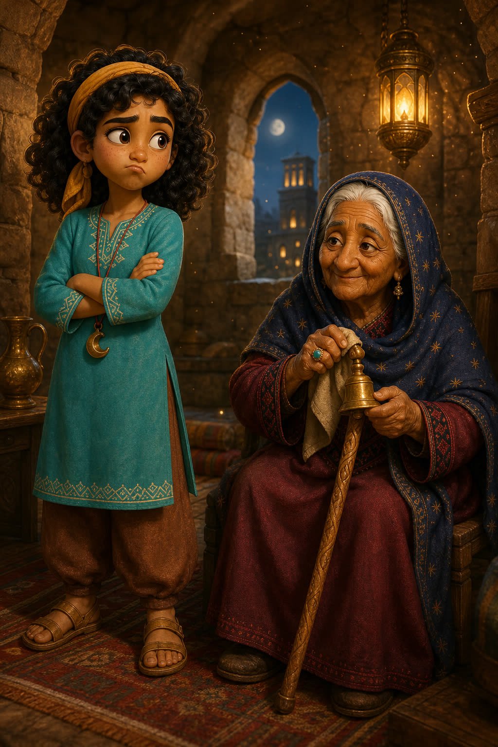 في ليلة الحكايا، كانت سلمى أكثر المستعجلين في المدينة. قالت الجدة: الريح لا تحب المستعجلين يا صغيرتي.